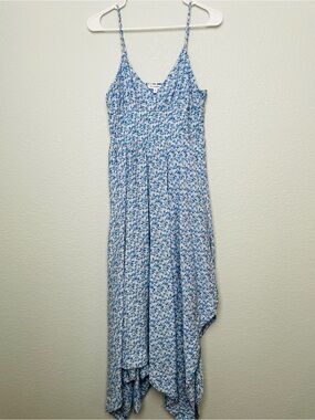 Blu Pepper Blue Floral Asymmetrical Flowy Smocked Bust Romantic Midi Dress | Med